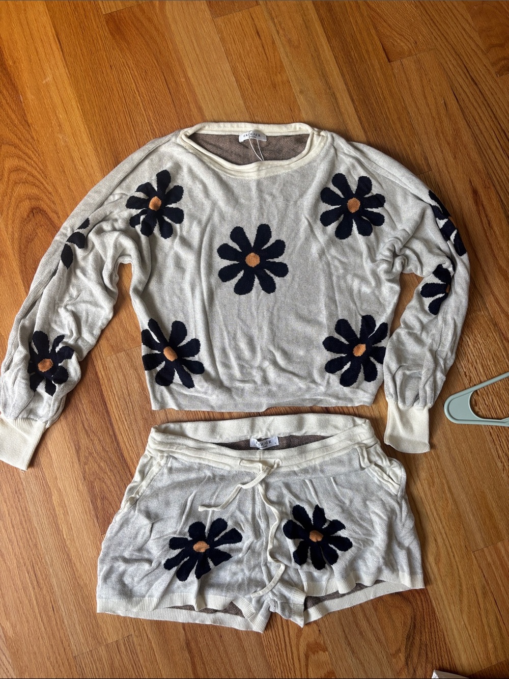 Cozy Daisy Knit Lounge Set - Cream with navy Flower Accents